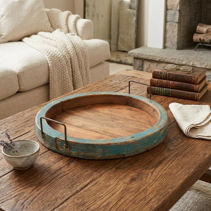 15" Natural And Turquoise Solid Wood Handmade Round Serving Tray With Handles HomeRoots