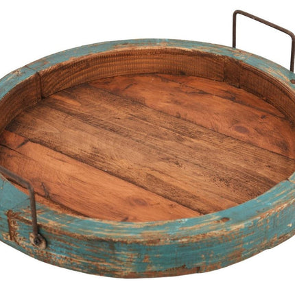 15" Natural And Turquoise Solid Wood Handmade Round Serving Tray With Handles HomeRoots