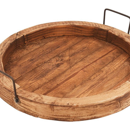 15" Natural Solid Wood Handmade Round Serving Tray With Handles HomeRoots