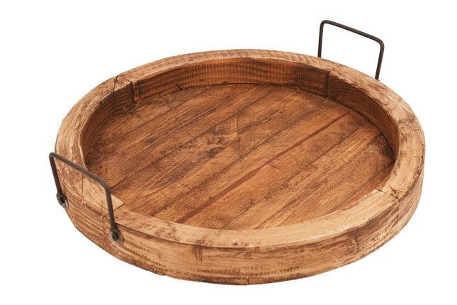 15" Natural Solid Wood Handmade Round Serving Tray With Handles HomeRoots