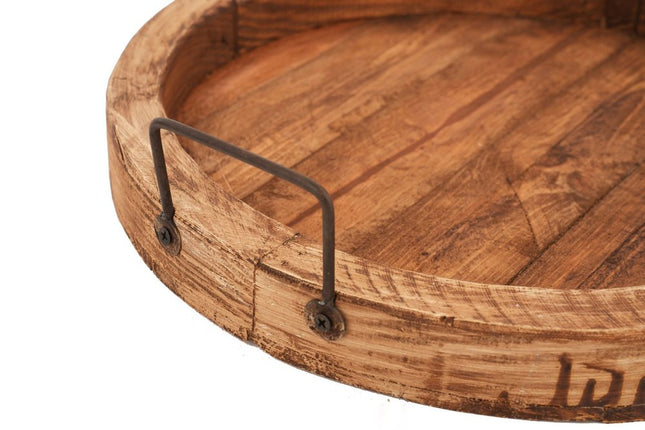 15" Natural Solid Wood Handmade Round Serving Tray With Handles HomeRoots