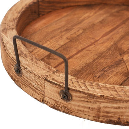 15" Natural Solid Wood Handmade Round Serving Tray With Handles HomeRoots
