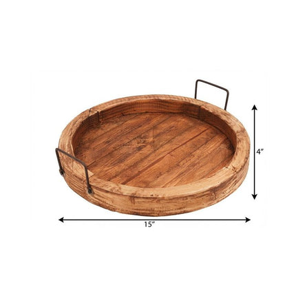 15" Natural Solid Wood Handmade Round Serving Tray With Handles HomeRoots