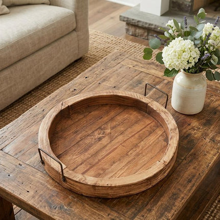 15" Natural Solid Wood Handmade Round Serving Tray With Handles HomeRoots