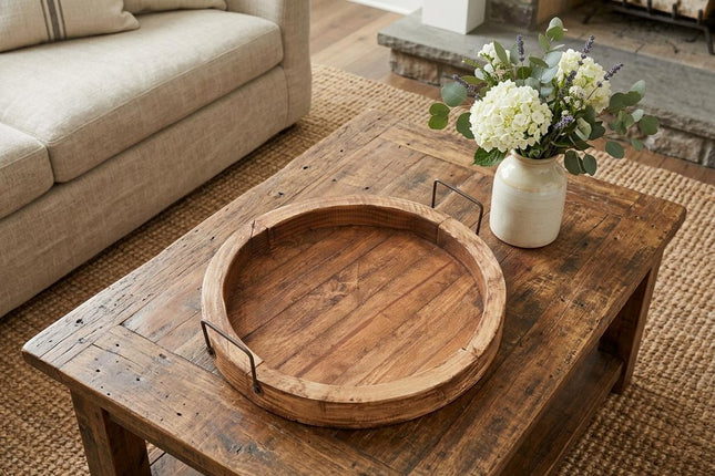 15" Natural Solid Wood Handmade Round Serving Tray With Handles HomeRoots