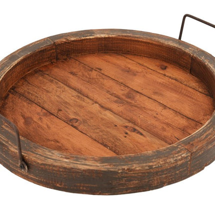15" Natural And Turquoise Solid Wood Handmade Round Serving Tray With Handles HomeRoots
