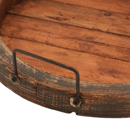 15" Natural And Turquoise Solid Wood Handmade Round Serving Tray With Handles HomeRoots