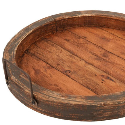 15" Natural Solid Wood Handmade Round Serving Tray With Handles HomeRoots