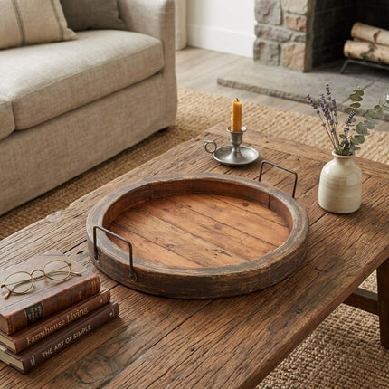 15" Natural Solid Wood Handmade Round Serving Tray With Handles HomeRoots