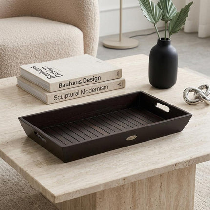 26" Black Solid Wood Handmade Serving Tray With Handles HomeRoots