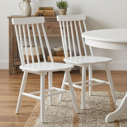Set of Two White Solid Wood Windsor Back Dining Side Chairs