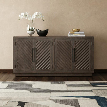 72" Dark Brown Distressed Solid Wood Carved Geometric Sideboard With Four Doors HomeRoots