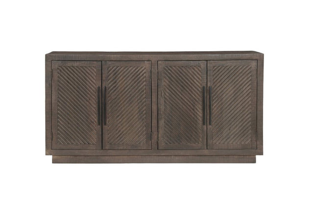 72" Dark Brown Distressed Solid Wood Carved Geometric Sideboard With Four Doors HomeRoots