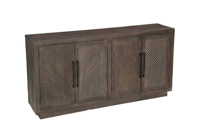 72" Dark Brown Distressed Solid Wood Carved Geometric Sideboard With Four Doors HomeRoots