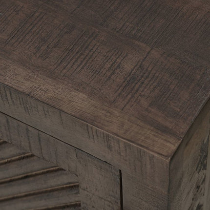 72" Dark Brown Distressed Solid Wood Carved Geometric Sideboard With Four Doors HomeRoots