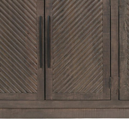 72" Dark Brown Distressed Solid Wood Carved Geometric Sideboard With Four Doors HomeRoots