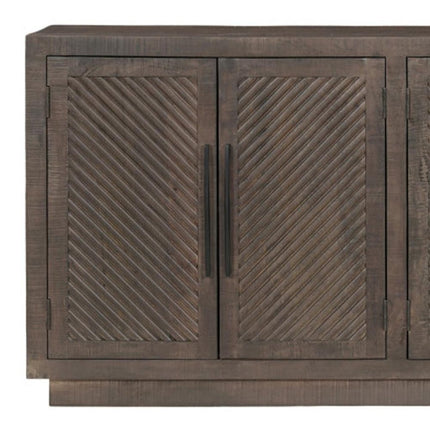 72" Dark Brown Distressed Solid Wood Carved Geometric Sideboard With Four Doors HomeRoots
