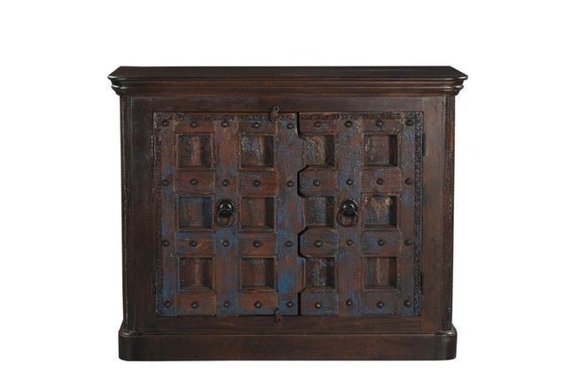 49" Dark Brown Distressed Solid Wood Carved Geometric Sideboard With Two Doors HomeRoots