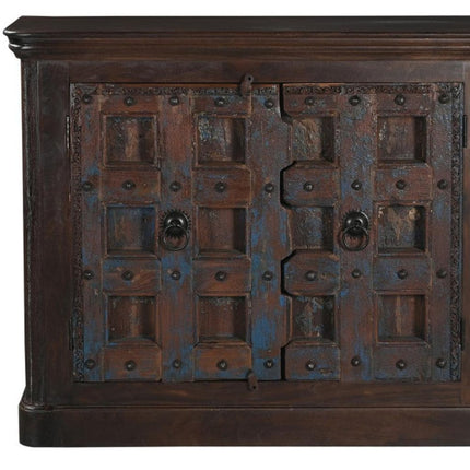 49" Dark Brown Distressed Solid Wood Carved Geometric Sideboard With Two Doors HomeRoots