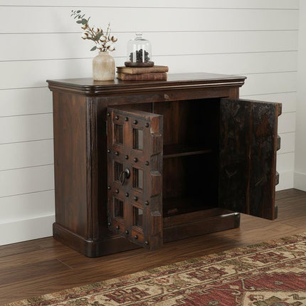 49" Dark Brown Distressed Solid Wood Carved Geometric Sideboard With Two Doors HomeRoots