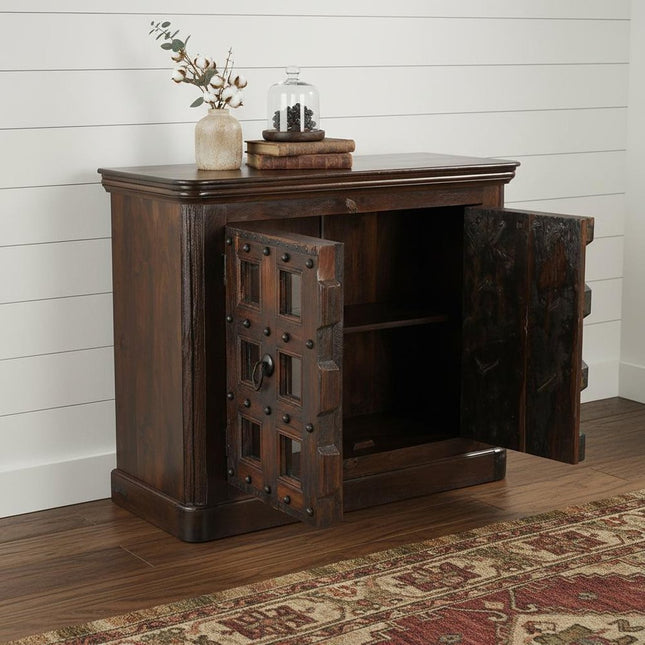 49" Dark Brown Distressed Solid Wood Carved Geometric Sideboard With Two Doors HomeRoots