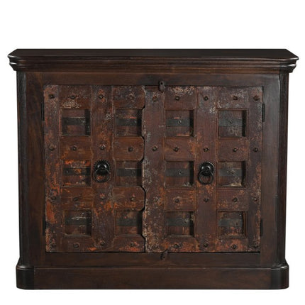 49" Dark Brown Distressed Solid Wood Carved Geometric Sideboard With Two Doors HomeRoots