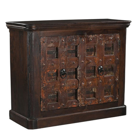 49" Dark Brown Distressed Solid Wood Carved Geometric Sideboard With Two Doors HomeRoots
