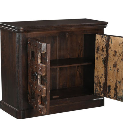 49" Dark Brown Distressed Solid Wood Carved Geometric Sideboard With Two Doors HomeRoots