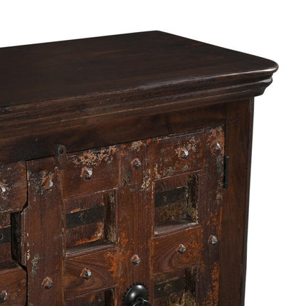 49" Dark Brown Distressed Solid Wood Carved Geometric Sideboard With Two Doors HomeRoots