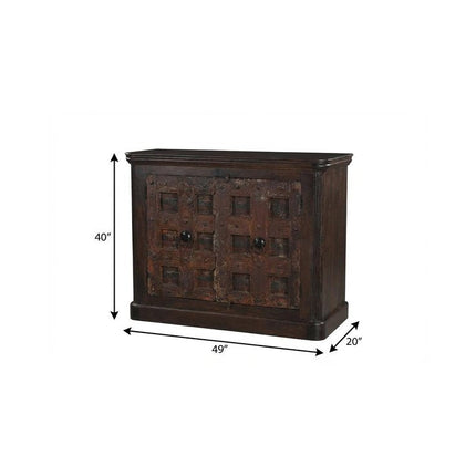 49" Dark Brown Distressed Solid Wood Carved Geometric Sideboard With Two Doors HomeRoots