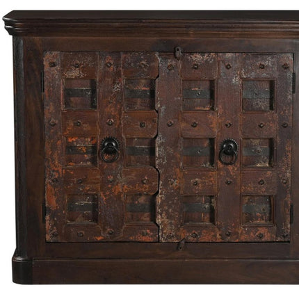 49" Dark Brown Distressed Solid Wood Carved Geometric Sideboard With Two Doors HomeRoots