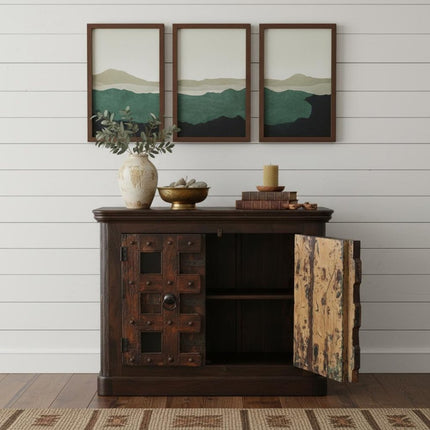 49" Dark Brown Distressed Solid Wood Carved Geometric Sideboard With Two Doors HomeRoots