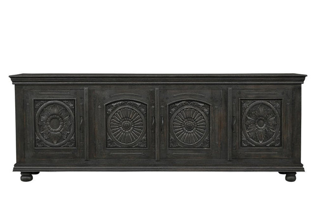 102" Black Distressed Solid Wood Carved Floral Sideboard With Four Doors HomeRoots