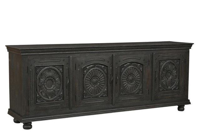 102" Black Distressed Solid Wood Carved Floral Sideboard With Four Doors HomeRoots