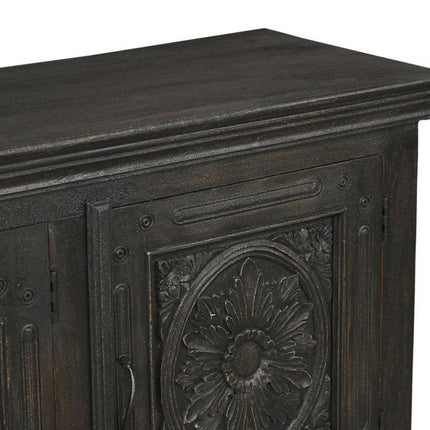 102" Black Distressed Solid Wood Carved Floral Sideboard With Four Doors HomeRoots