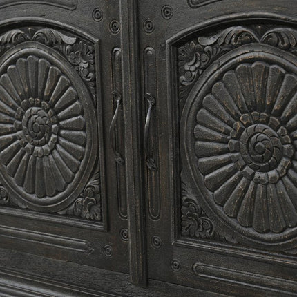 102" Black Distressed Solid Wood Carved Floral Sideboard With Four Doors HomeRoots