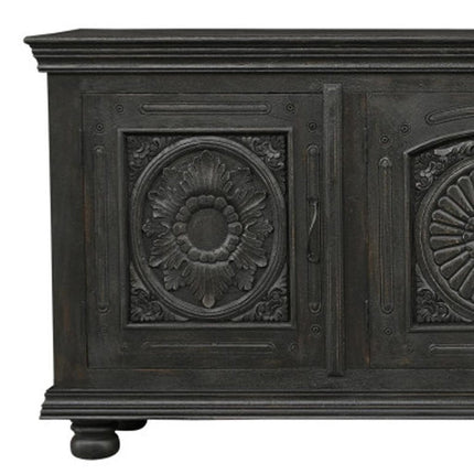 102" Black Distressed Solid Wood Carved Floral Sideboard With Four Doors HomeRoots