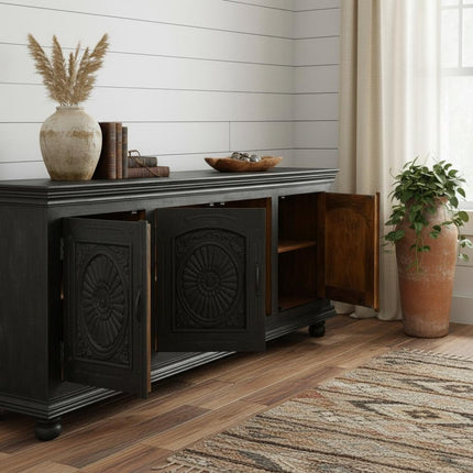 102" Black Distressed Solid Wood Carved Floral Sideboard With Four Doors HomeRoots