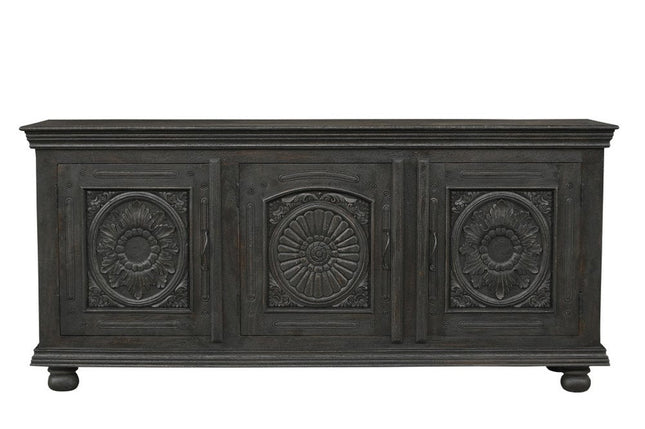 81" Black Distressed Solid Wood Carved Floral Sideboard With Three Doors HomeRoots