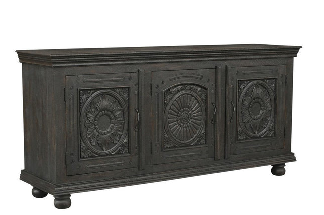 81" Black Distressed Solid Wood Carved Floral Sideboard With Three Doors HomeRoots