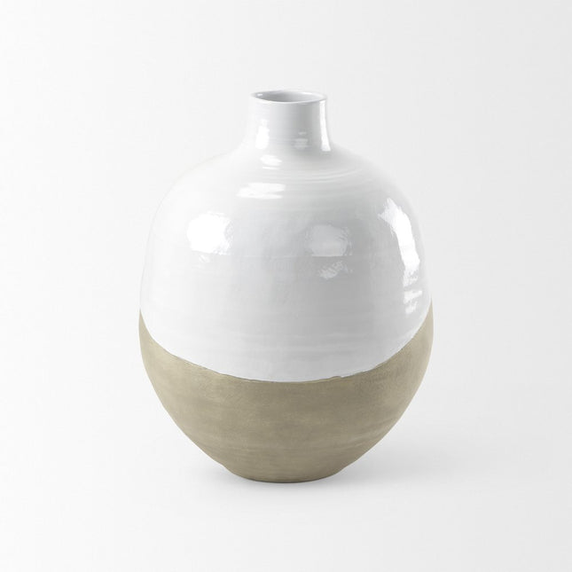 24" White And Beige Ombre Ceramic Round Floor Vase HomeRoots