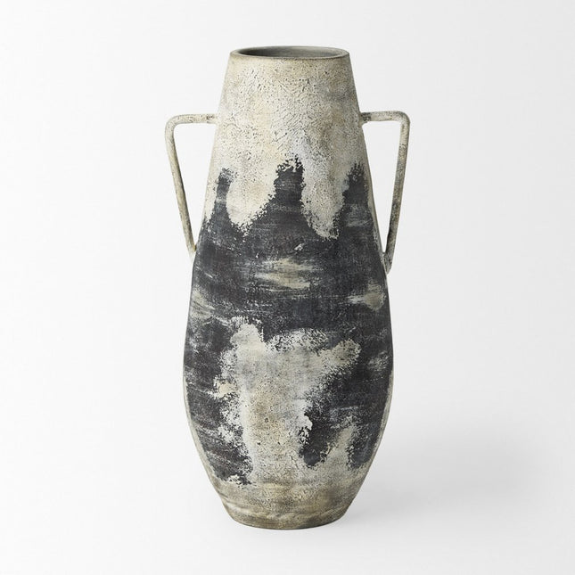 29" Black And White Ombre Ceramic Amphora Floor Vase