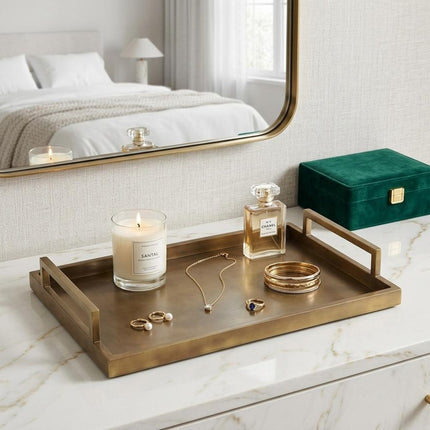 15" Gold Aluminum Hand Finished Vanity Tray With Handles HomeRoots