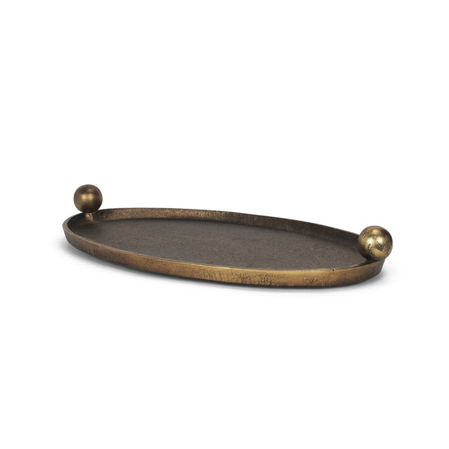 16" Antiqued Gold Aluminum Handmade Oval Vanity Tray With Handles HomeRoots