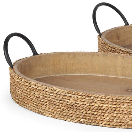 Set of Two Natural and Black Jute Metal And Solid Wood Oval Serving Trays With Handles HomeRoots