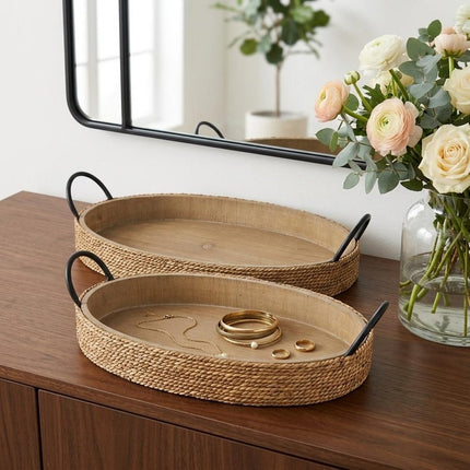 Set of Two Natural and Black Jute Metal And Solid Wood Oval Serving Trays With Handles HomeRoots