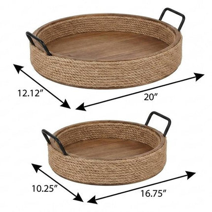 Set of Two Natural and Black Jute Metal And Solid Wood Oval Serving Trays With Handles HomeRoots