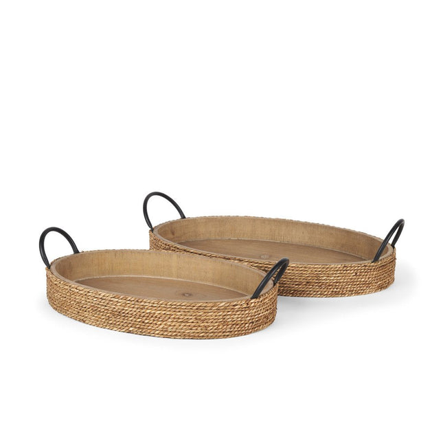 Set of Two Natural and Black Jute Metal And Solid Wood Oval Serving Trays With Handles HomeRoots