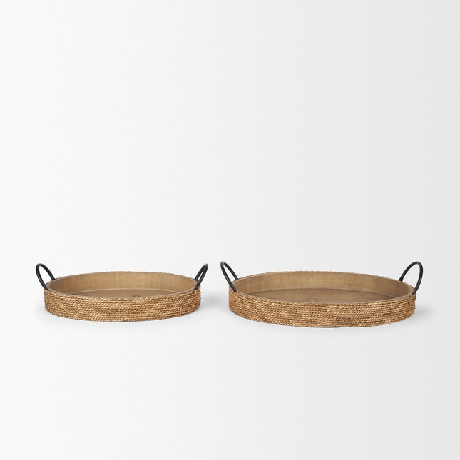 Set of Two Natural and Black Jute Metal And Solid Wood Oval Serving Trays With Handles HomeRoots