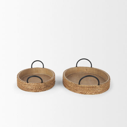 Set of Two Natural and Black Jute Metal And Solid Wood Oval Serving Trays With Handles HomeRoots